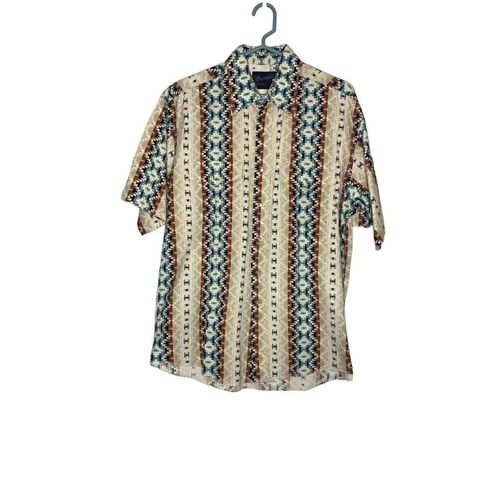 Vtg WRANGLER X-Long Tails Aztec Western Pearl Snap Button Down Shirt 90s Size L